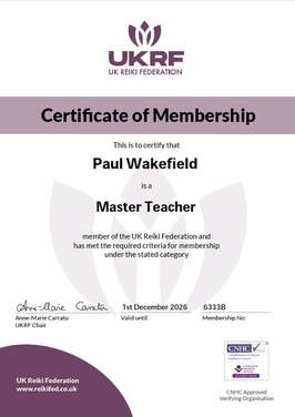 UK Reiki Federation Master Teacher membership certificate for Paul Wakefield