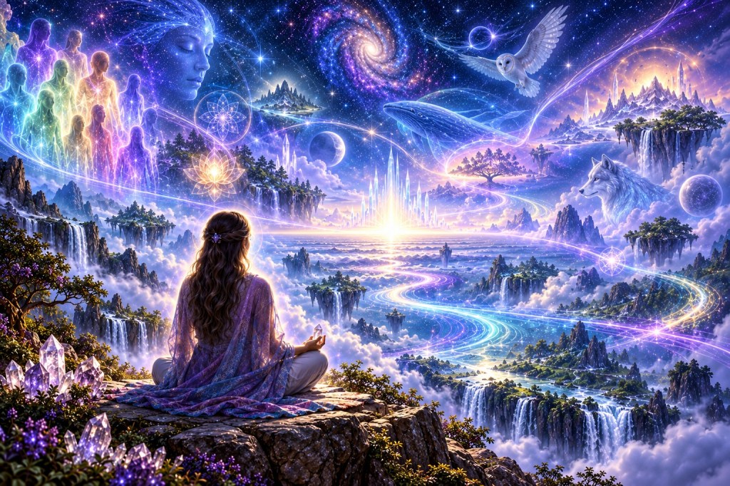 A seated woman looking across a luminous landscape of psychic and intuitive possibilities