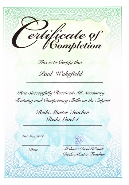 Reiki Master-Teacher certificate awarded to Paul Wakefield by Mohana