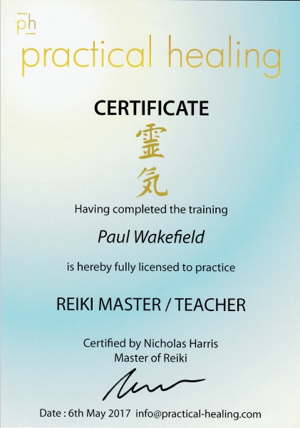 Reiki Master-Teacher certificate awarded to Paul Wakefield by Nicholas Harris