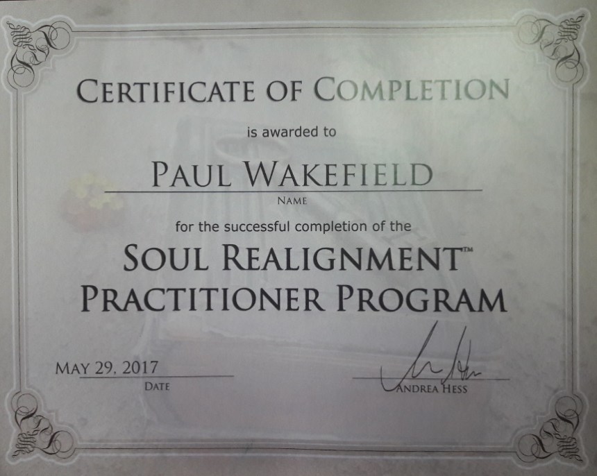 Soul Realignment Practitioner Program certificate awarded to Paul Wakefield